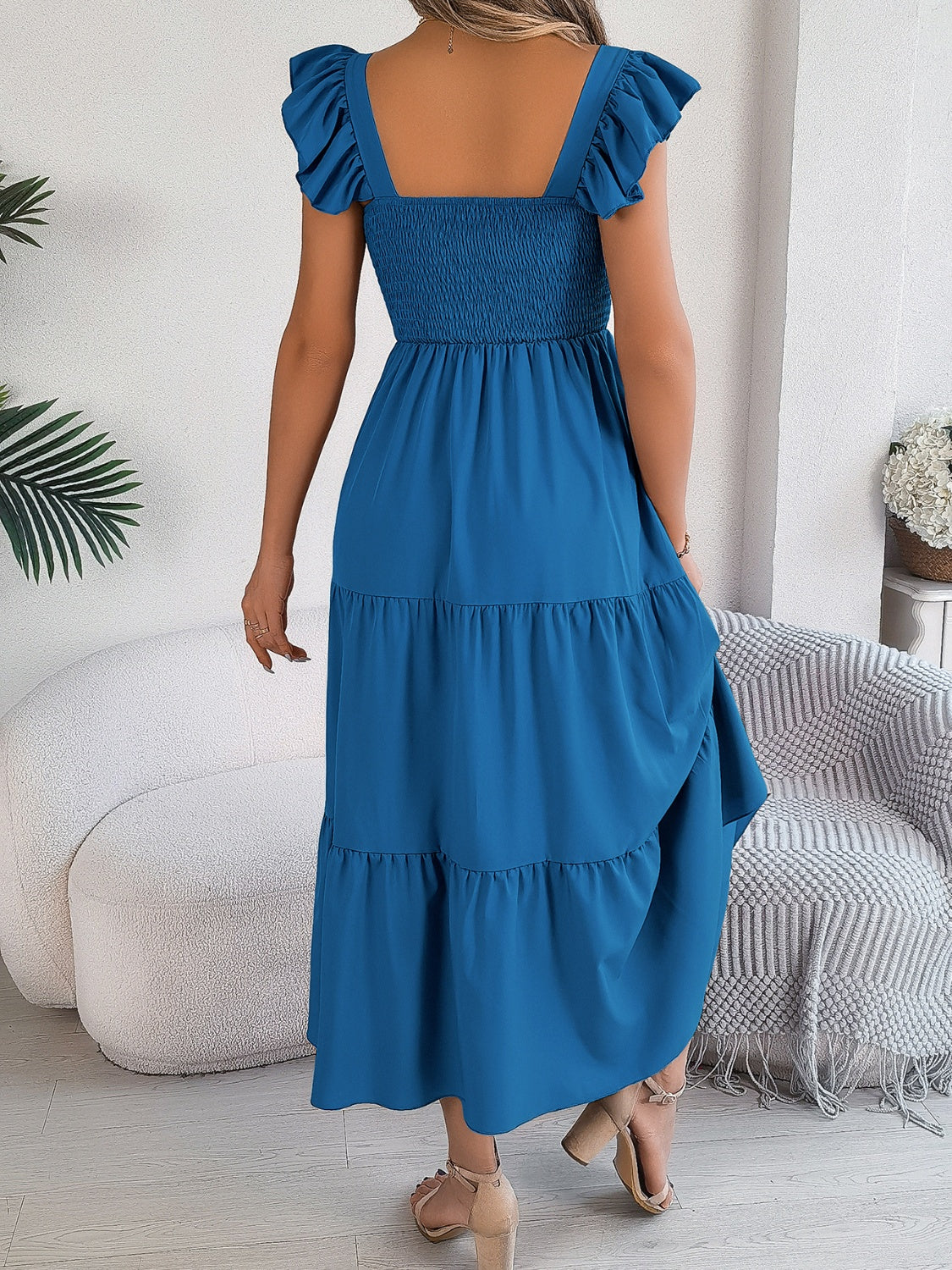 Smocked square neck cap sleeve midi dress