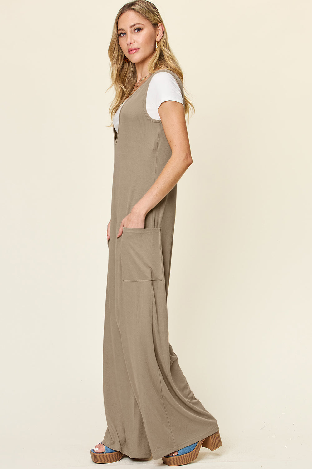 Double take full size sleeveless wide leg jumpsuit with pockets