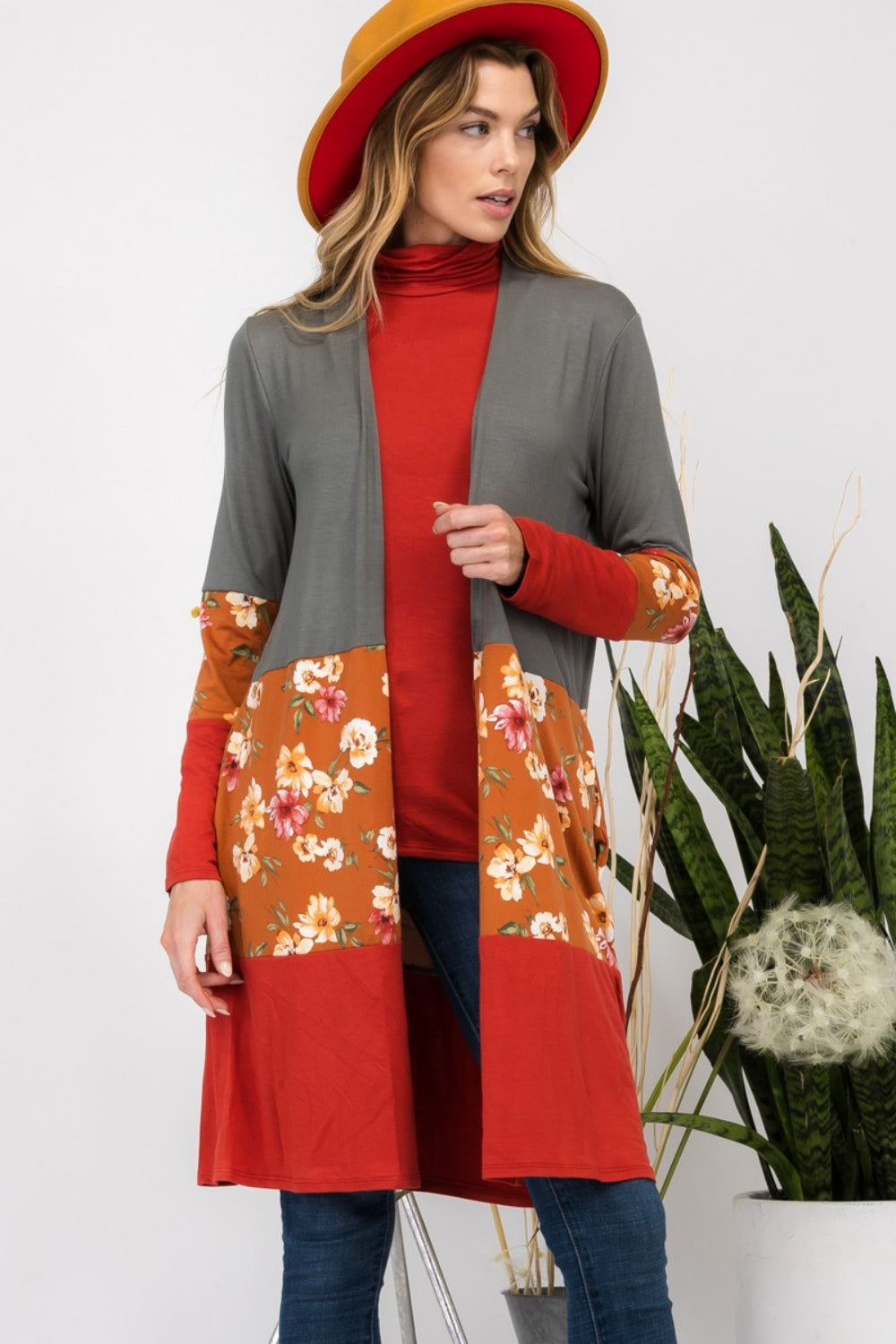 Celeste full size floral color block open front cardigan