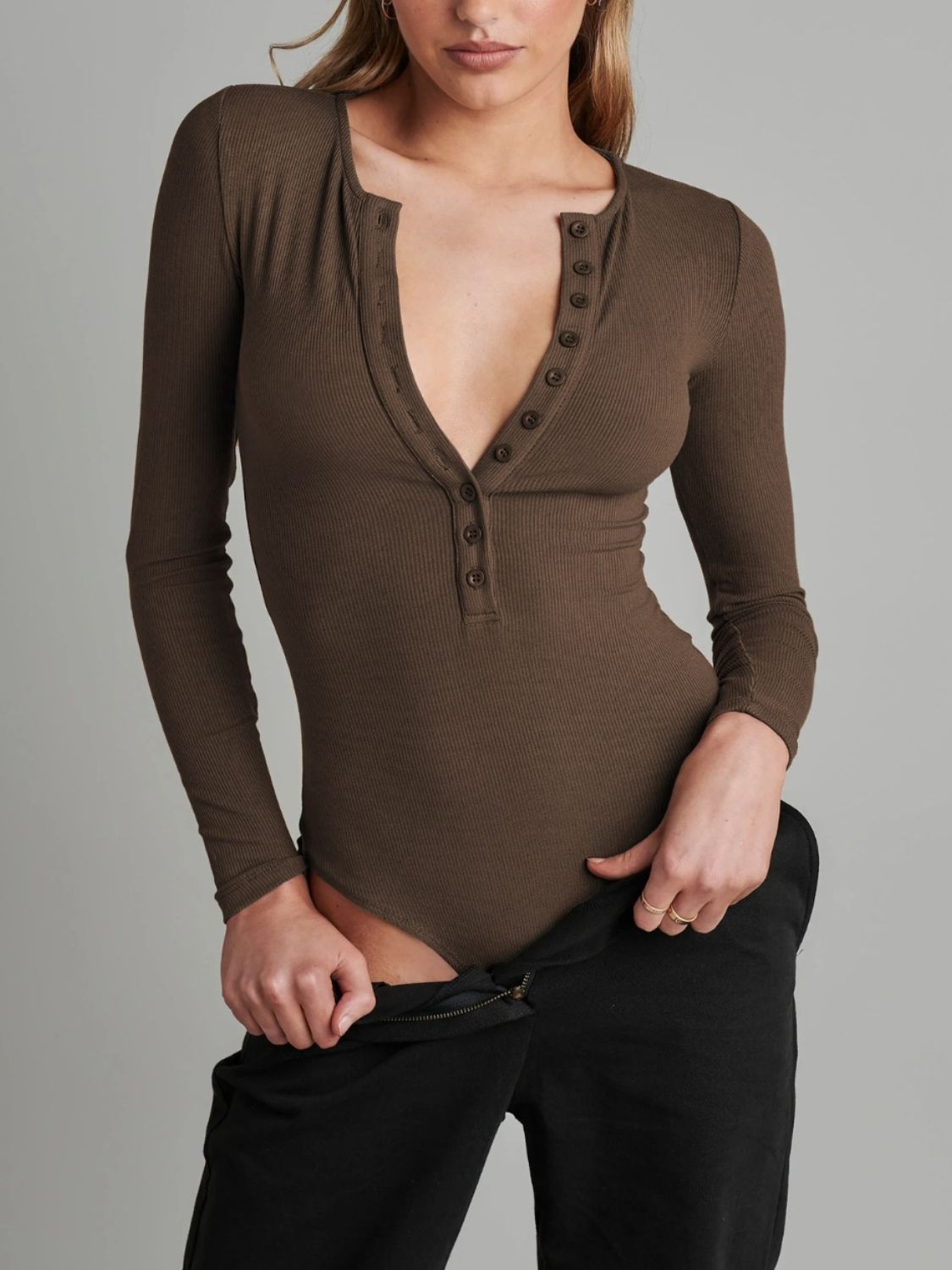 Half button long sleeve bodysuit - chocolate / s