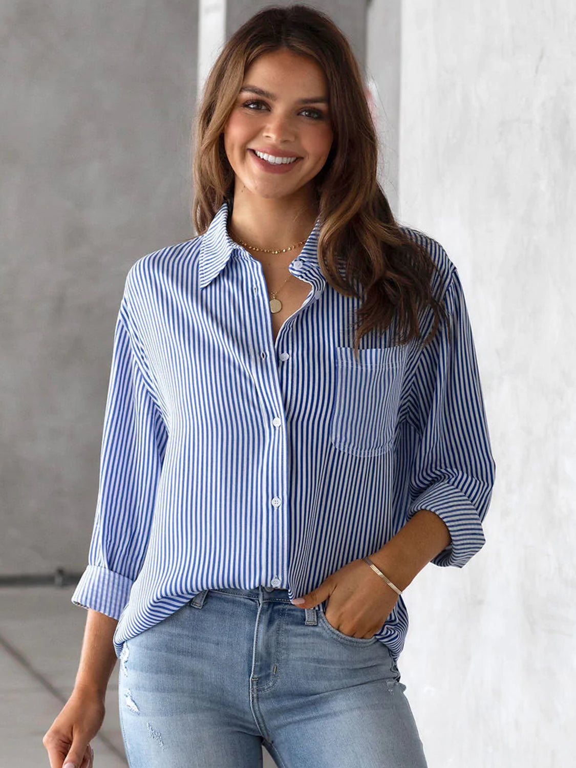 Lovelet striped collared neck shirt with pocket