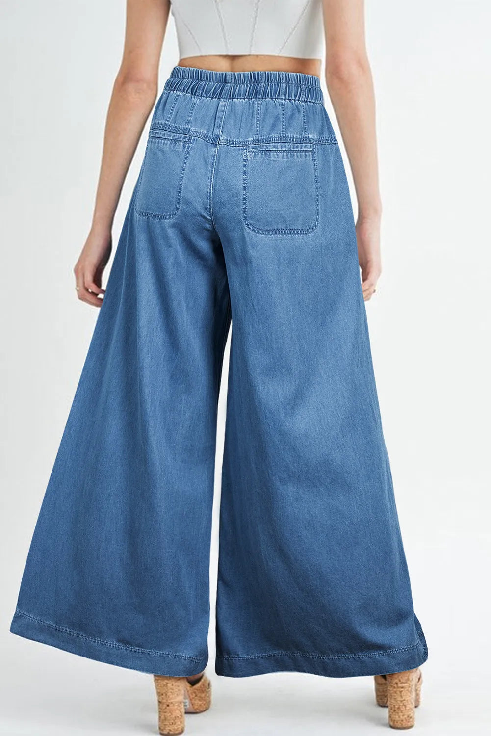 Drawstring elastic waist wide leg jeans