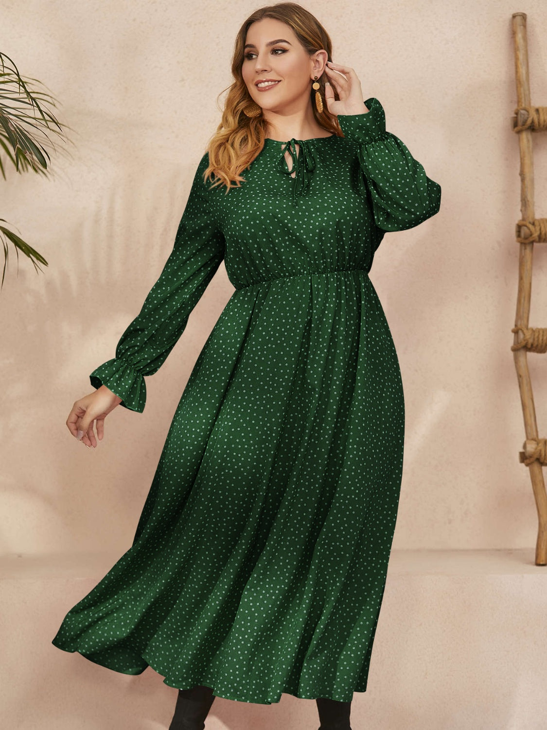 Plus size ruffled polka dot long sleeve midi dress