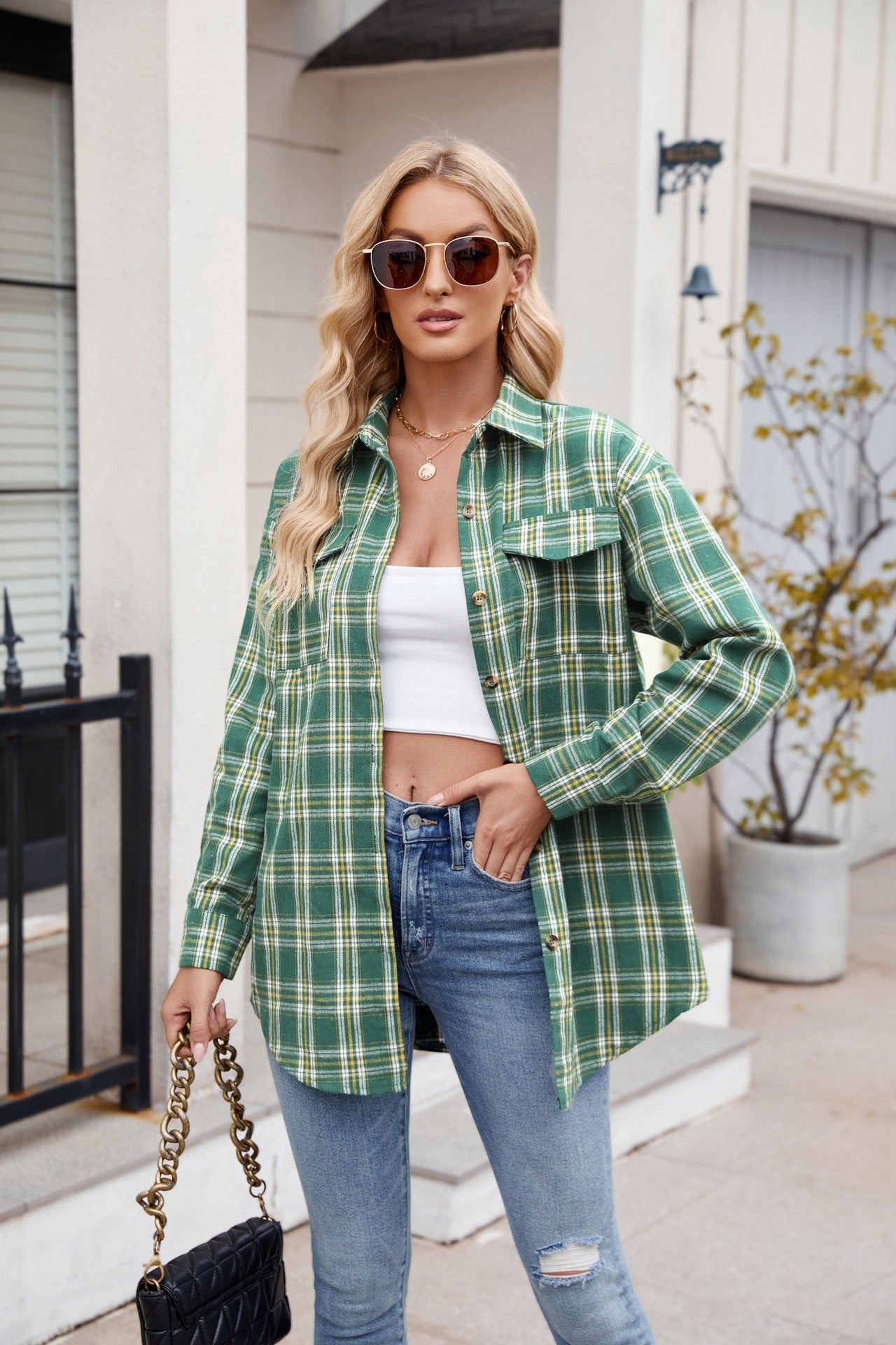 Mandy plaid button up long sleeve shirt - green / s