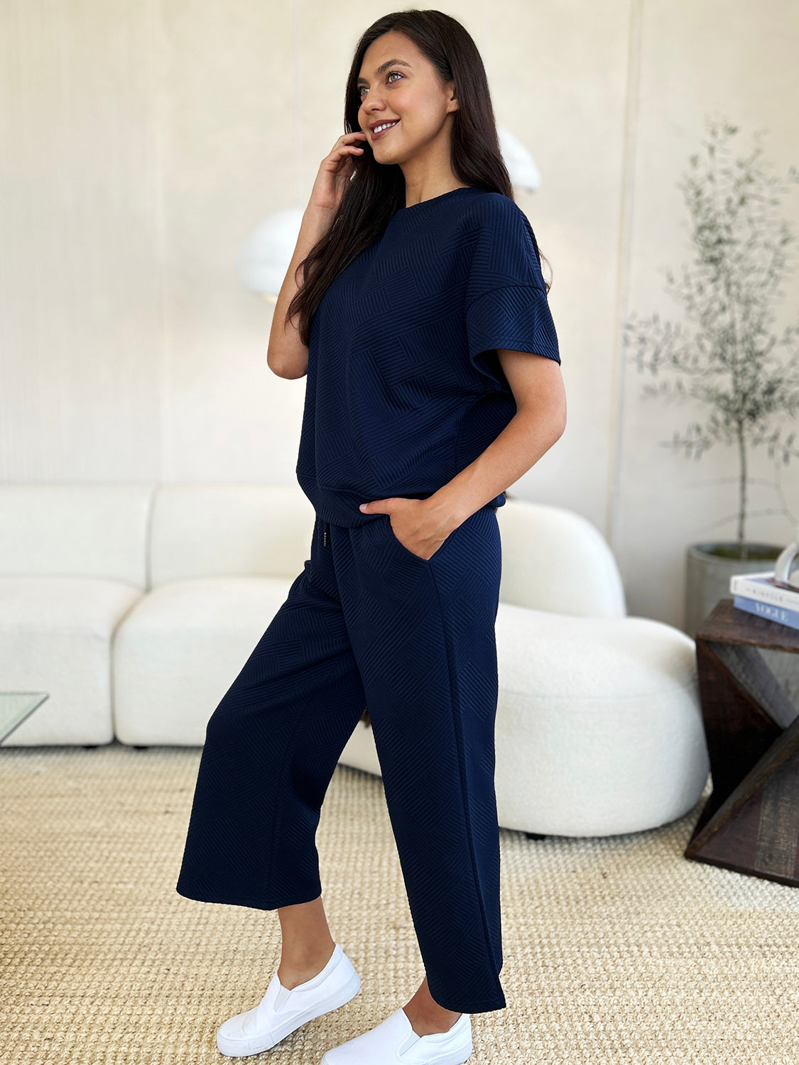 Double take full size texture short sleeve top and pants set