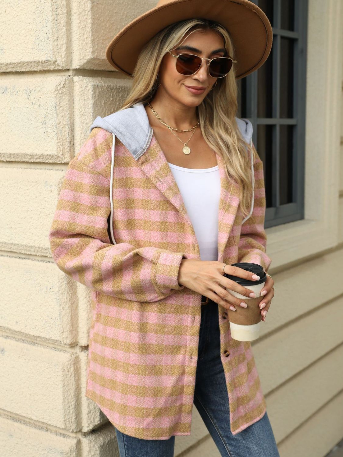 Drawstring plaid long sleeve hooded jacket