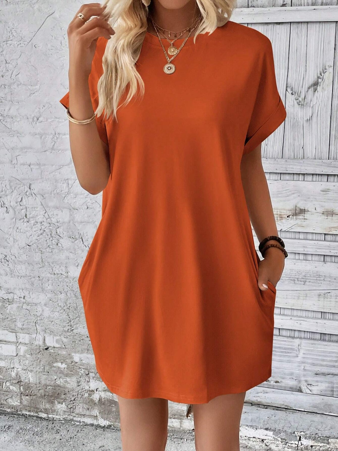 Round neck short sleeve mini dress - orange / s