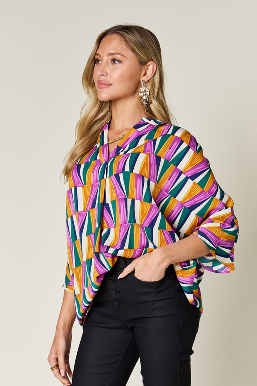 Double take full size geometric notched dolman sleeve top