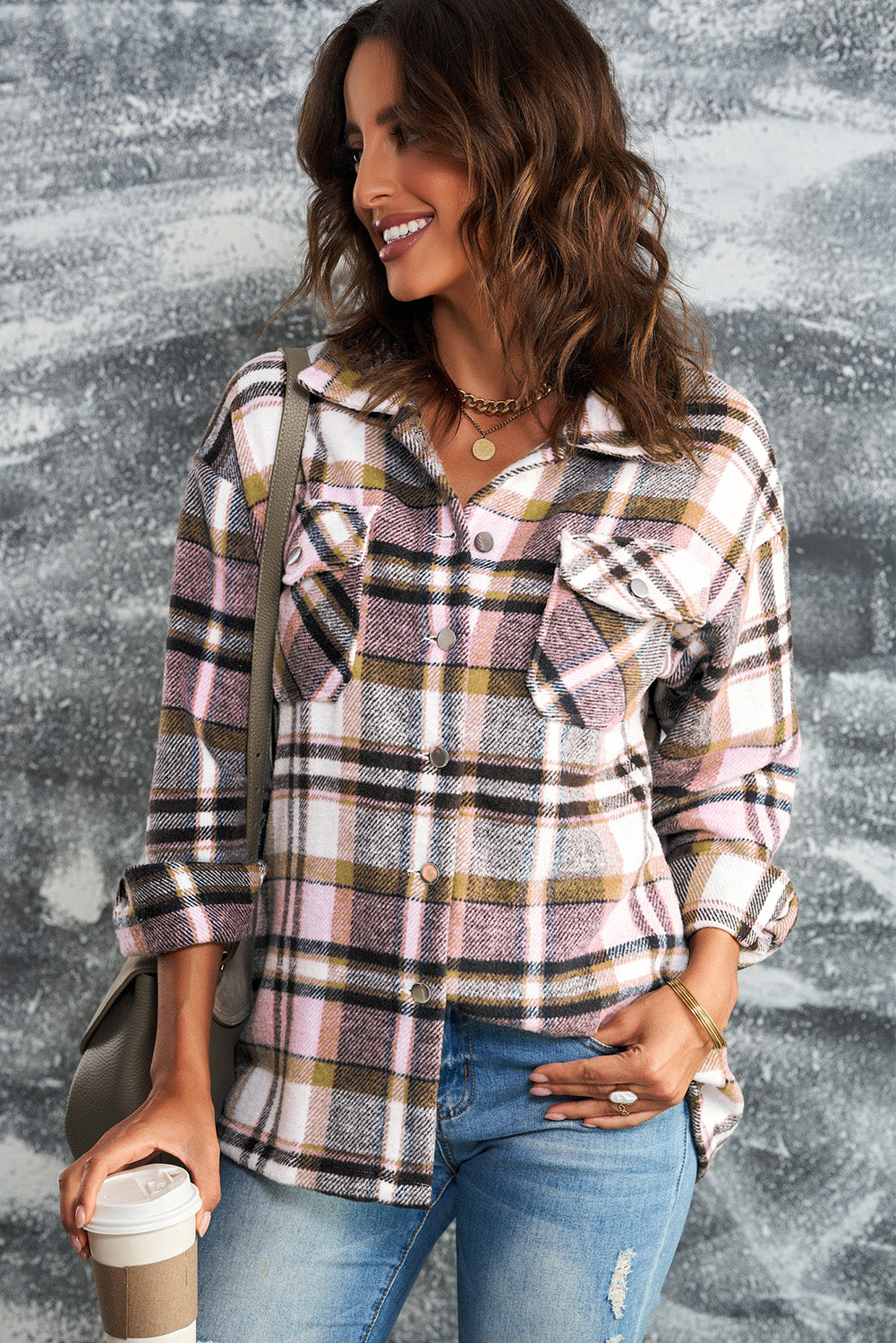 Double take plaid button front shirt jacket with breast pockets