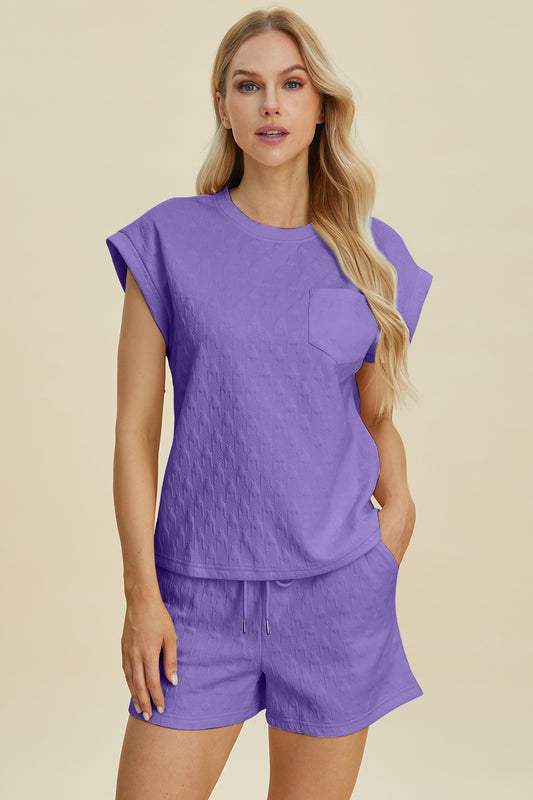 Double take full size pocketed texture round neck top and shorts set - lavender / s