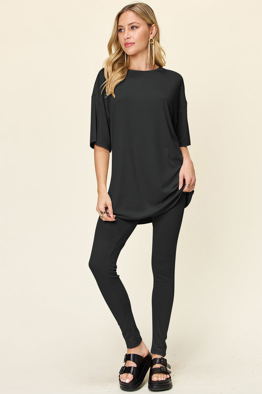 Double take full size round neck dropped shoulder t-shirt and leggings set - black / s