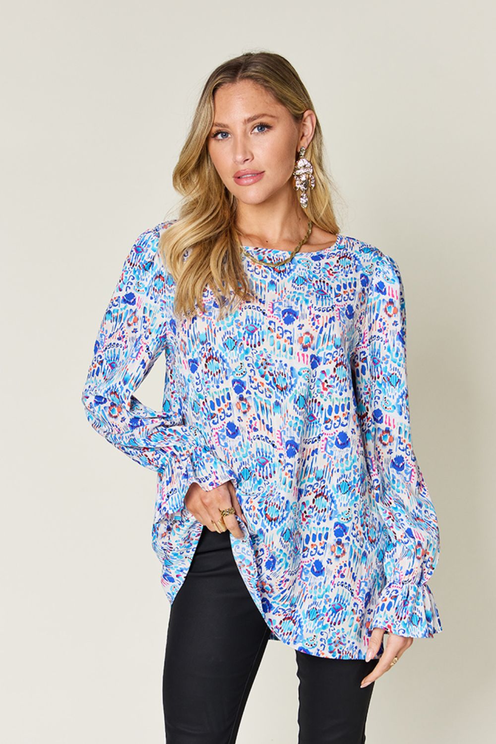 Double take full size printed flounce sleeve blouse - sky blue / s