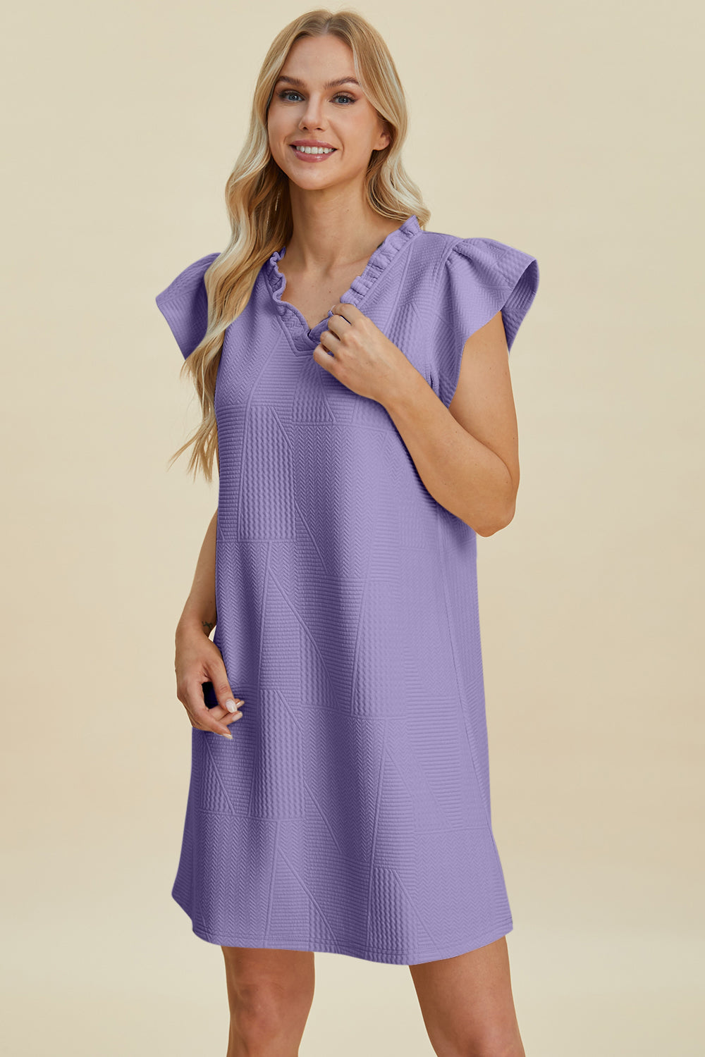 Double take full size ruffled v-neck cap sleeve dress - lavender / s