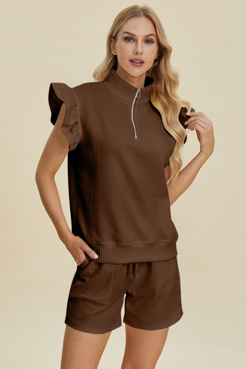 Double take full size texture flounce sleeve top and shorts set - brown / s