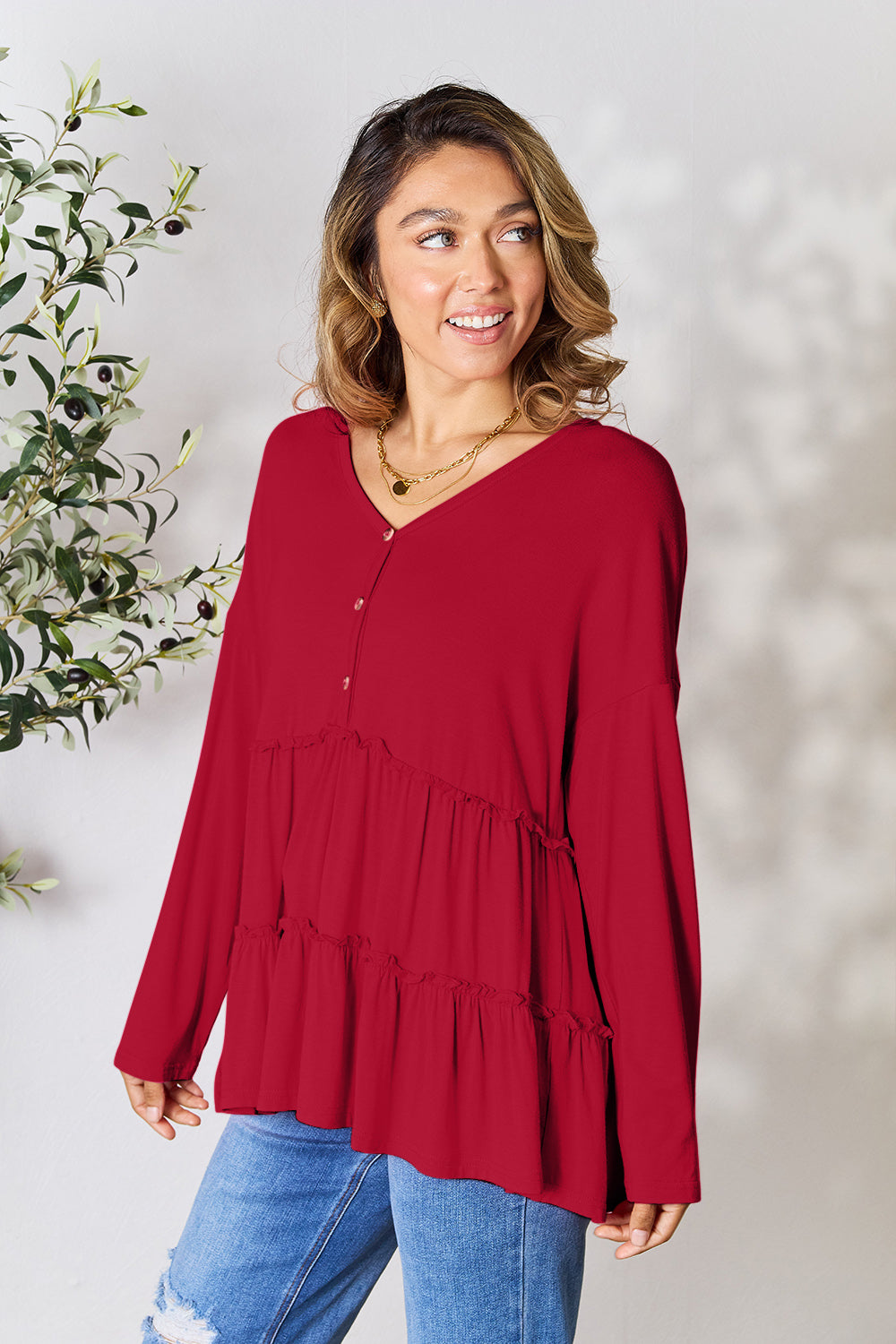 Double take half button long sleeve ruffle hem blouse - burgundy / s