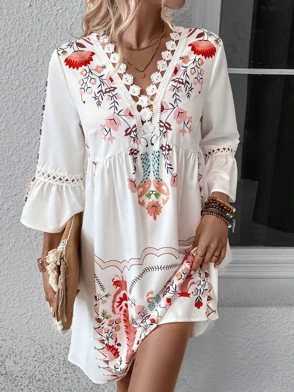 Lace detail printed three-quarter sleeve dress - deep red / s