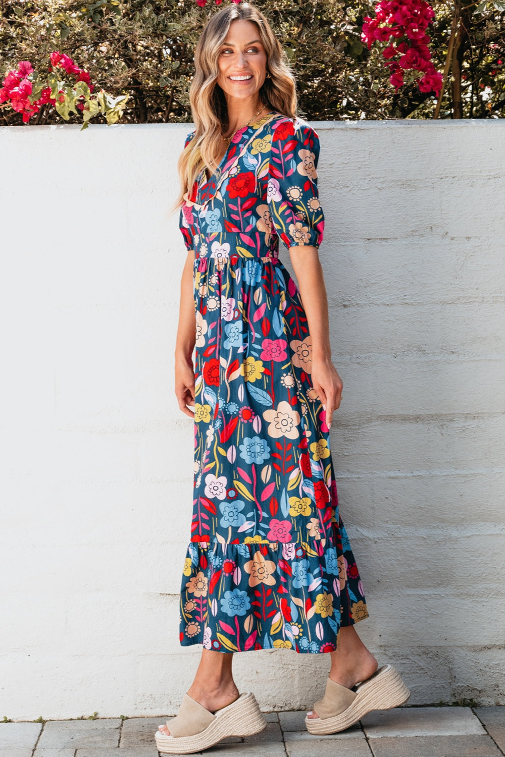 Printed notched puff sleeve midi dress