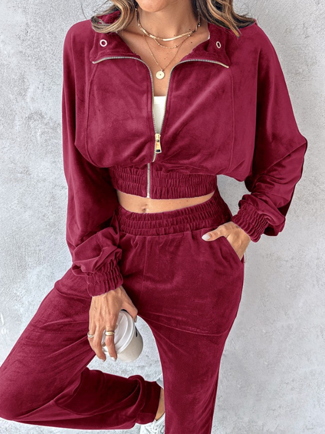 Zip up long sleeve cropped top and joggers set