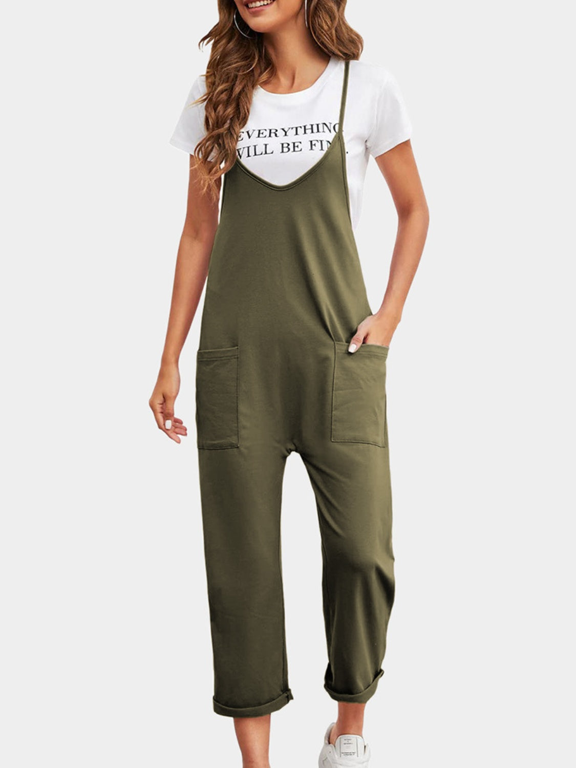 Full size spaghetti strap straight leg jumpsuit with pockets - matcha green / s