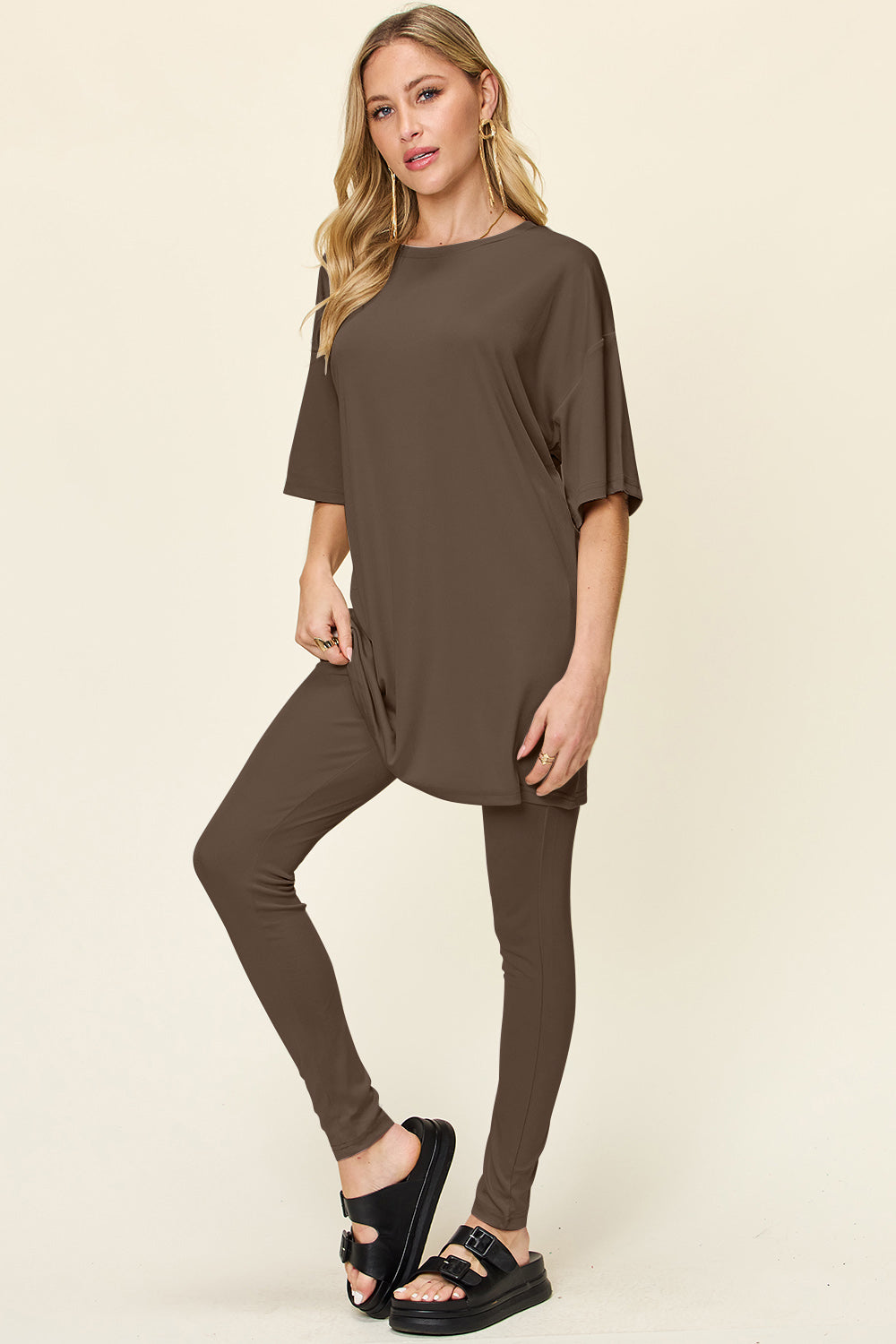 Double take full size round neck dropped shoulder t-shirt and leggings set - mocha / s