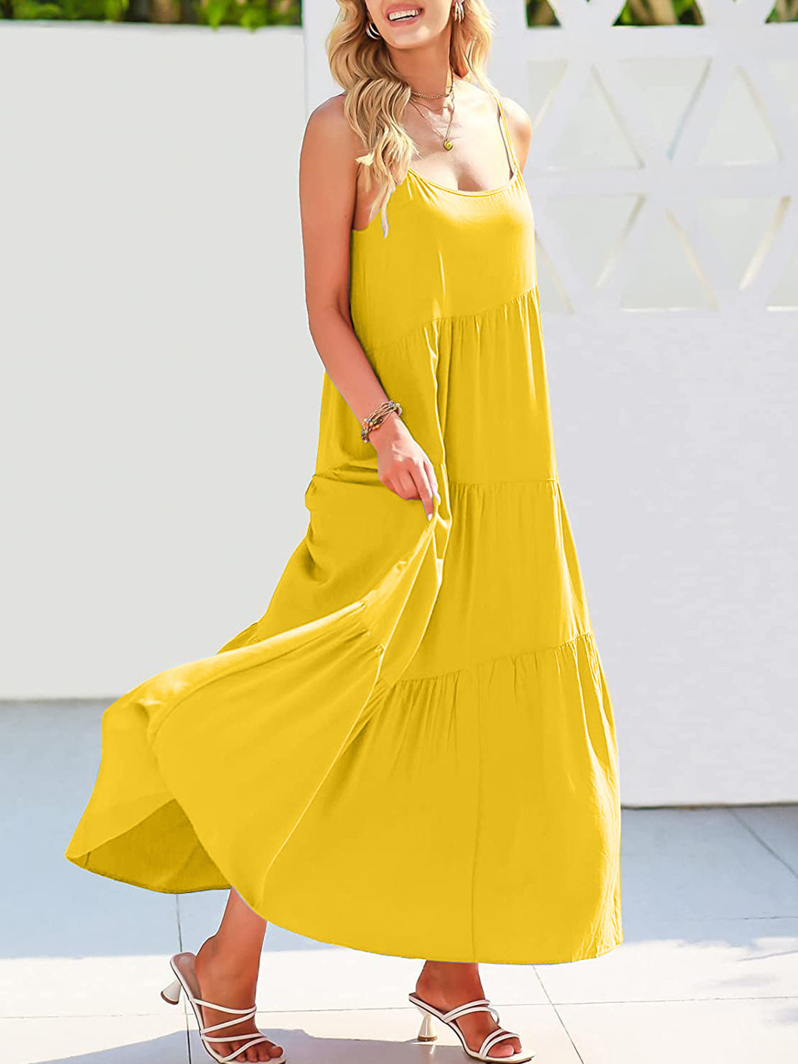 Full size ruched tiered spaghetti strap dress - yellow / s