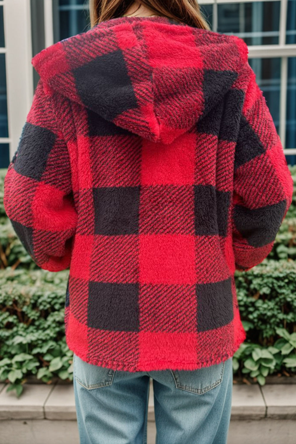 Double take full size plaid long sleeve hooded coat