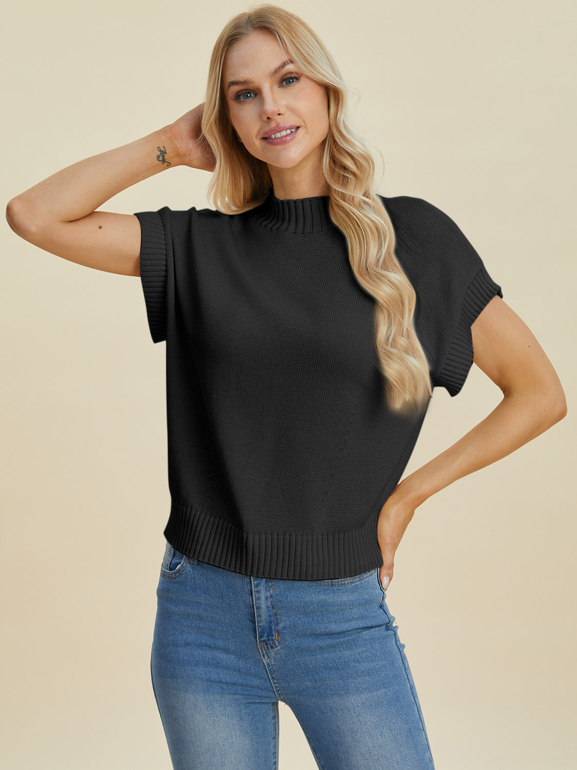 Double take full size mock neck short sleeve sweater - black / s