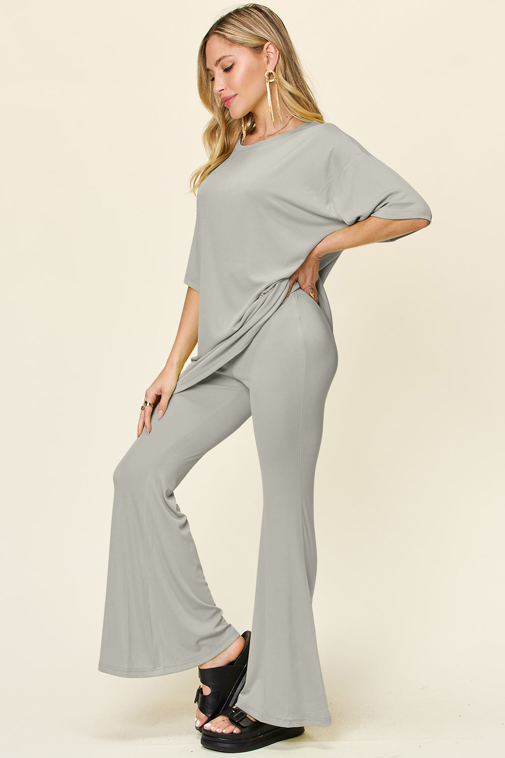 Double take full size round neck drop shoulder t-shirt and flare pants set