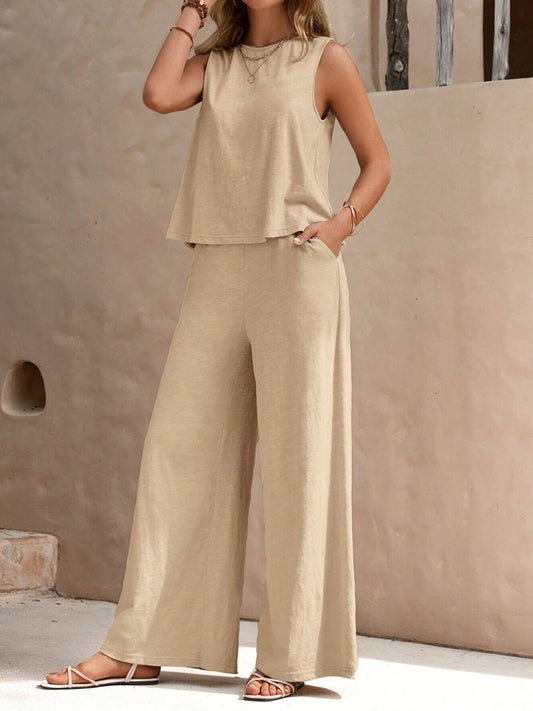 Round neck sleeveless top and wide leg pants set - beige / s