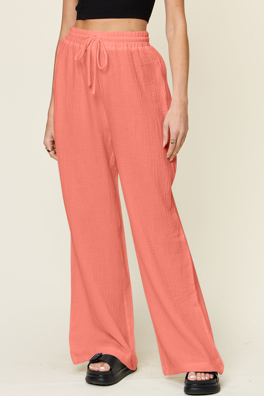 Double take full size texture drawstring wide leg pants - watermelon pink / s