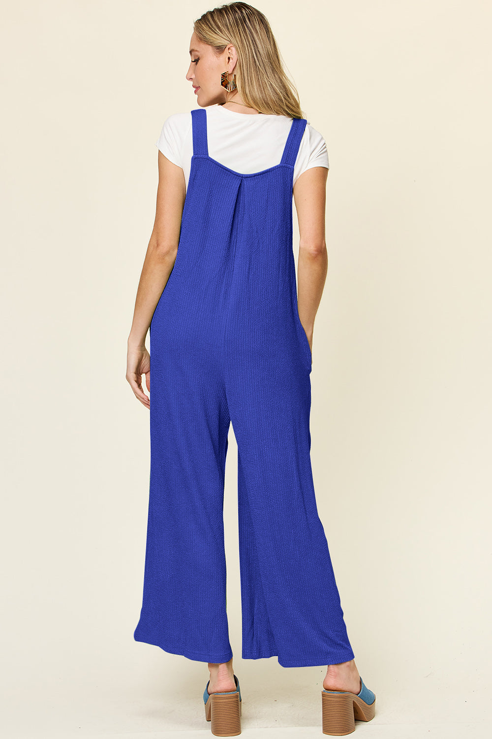 Double take full size texture sleeveless wide leg overall