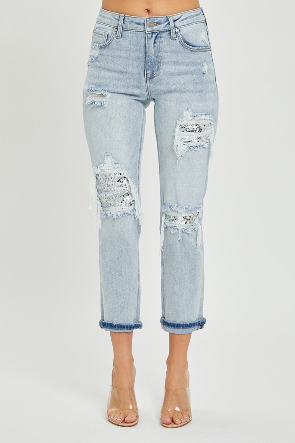 Risen mid-rise sequin patched jeans