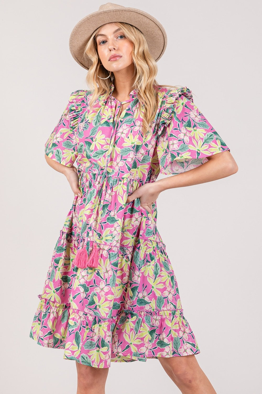 Sage + fig floral ruffle short sleeve dress