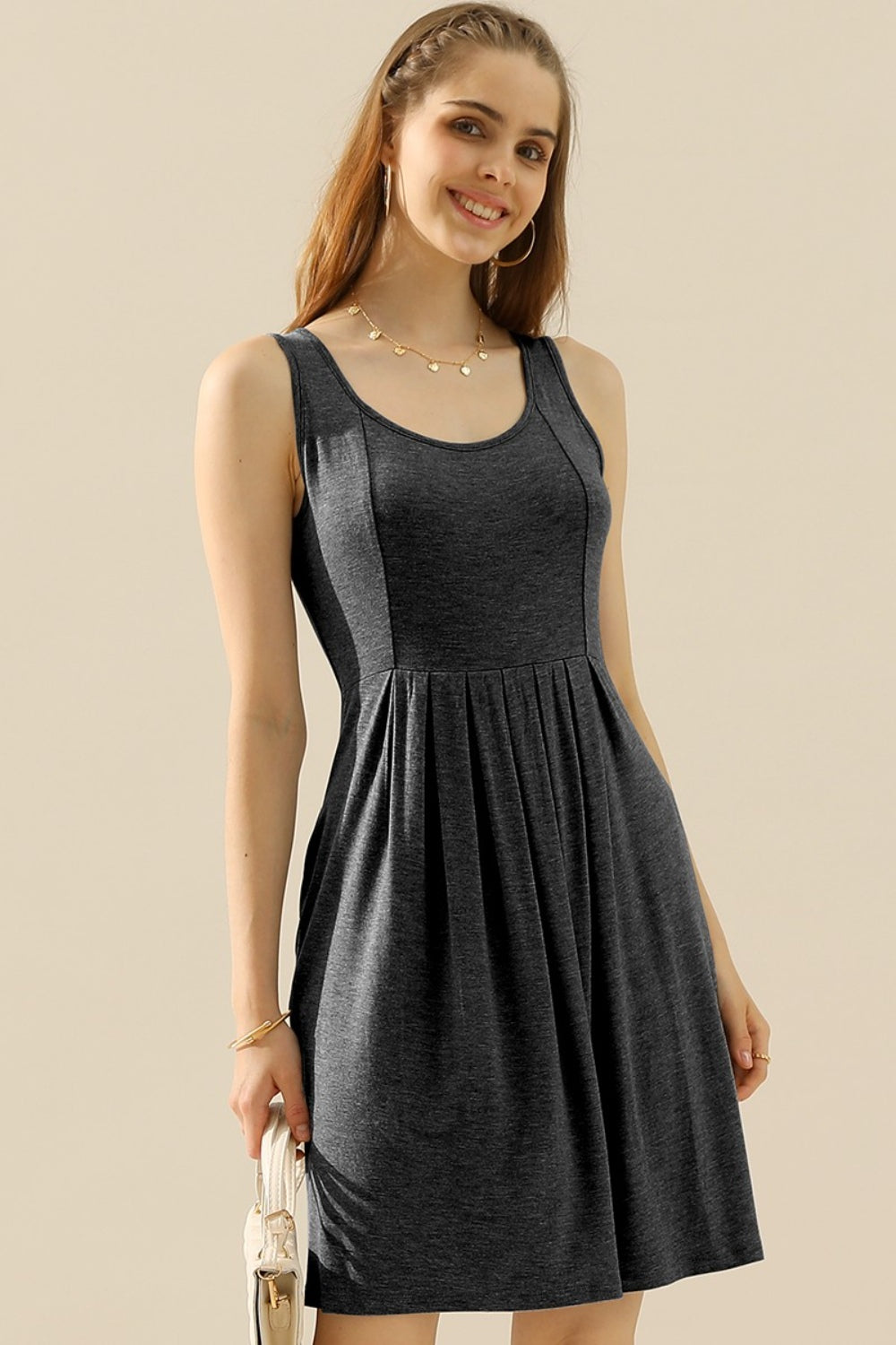 Doublju full size round neck ruched sleeveless dress with pockets - charcoal / s