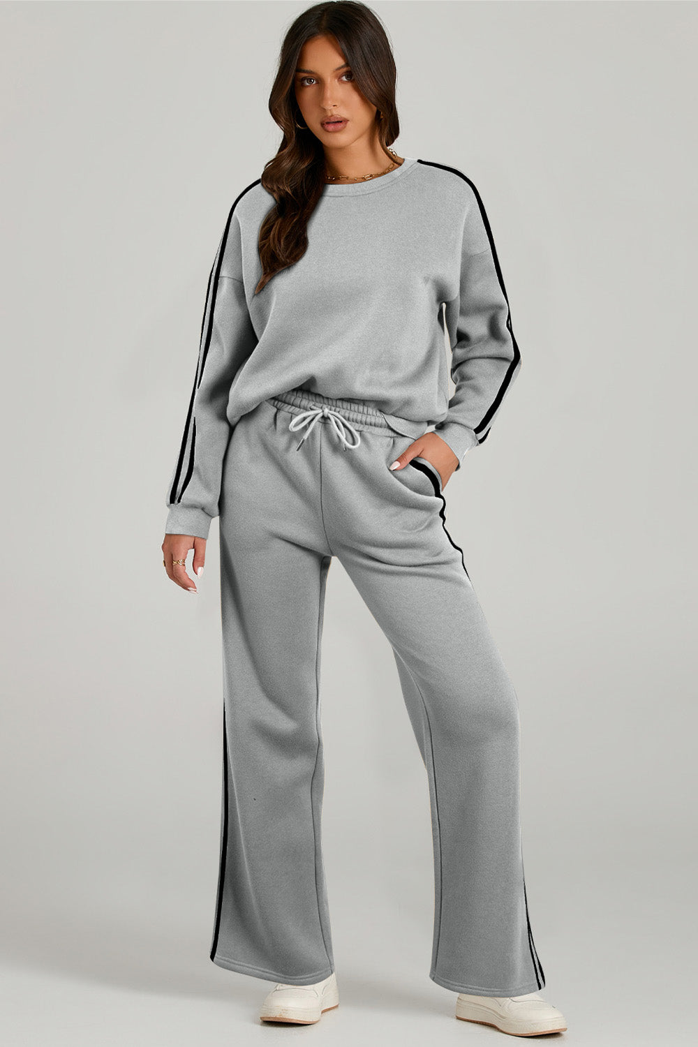 Round neck long sleeve top and pants active set - gray / s