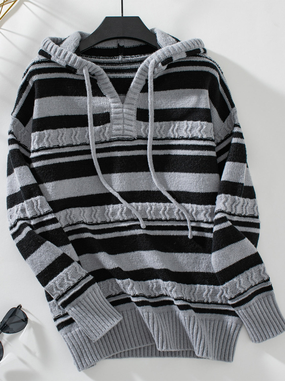 Drawstring striped long sleeve hooded sweater - dark gray / s