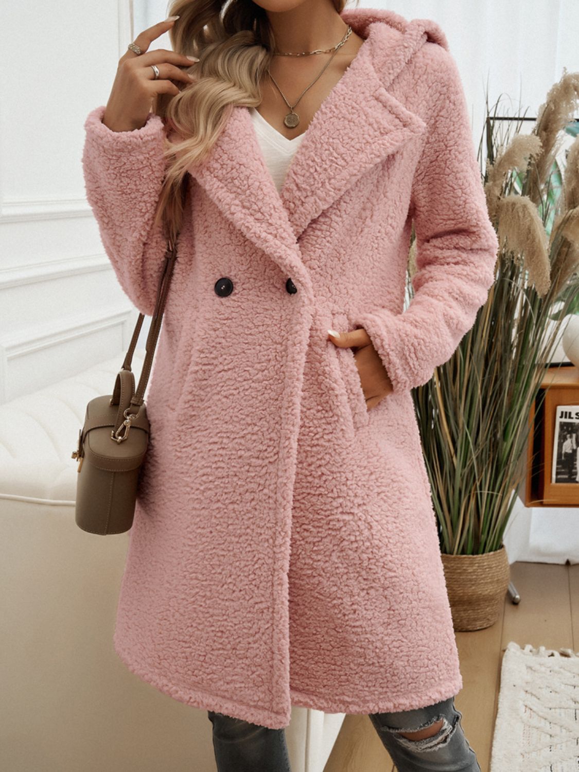 Devine pocketed long sleeve hooded teddy coat