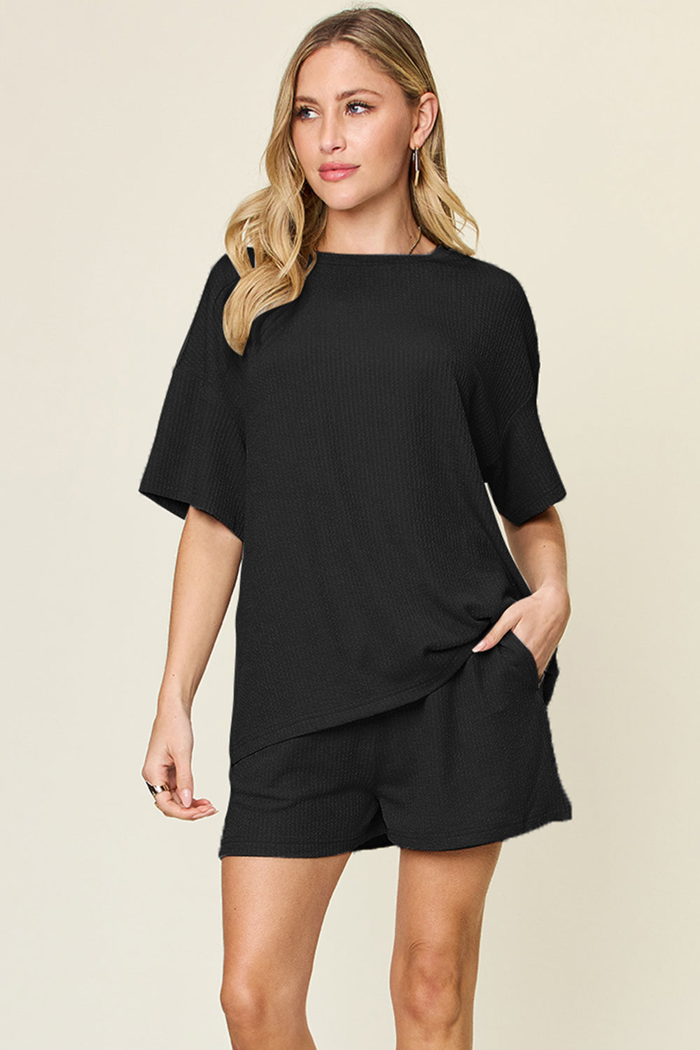 Double take full size round neck short sleeve t-shirt and shorts set - black / s