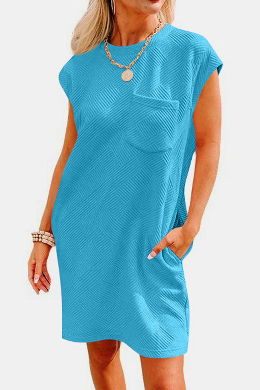 Textured round neck cap sleeve dress