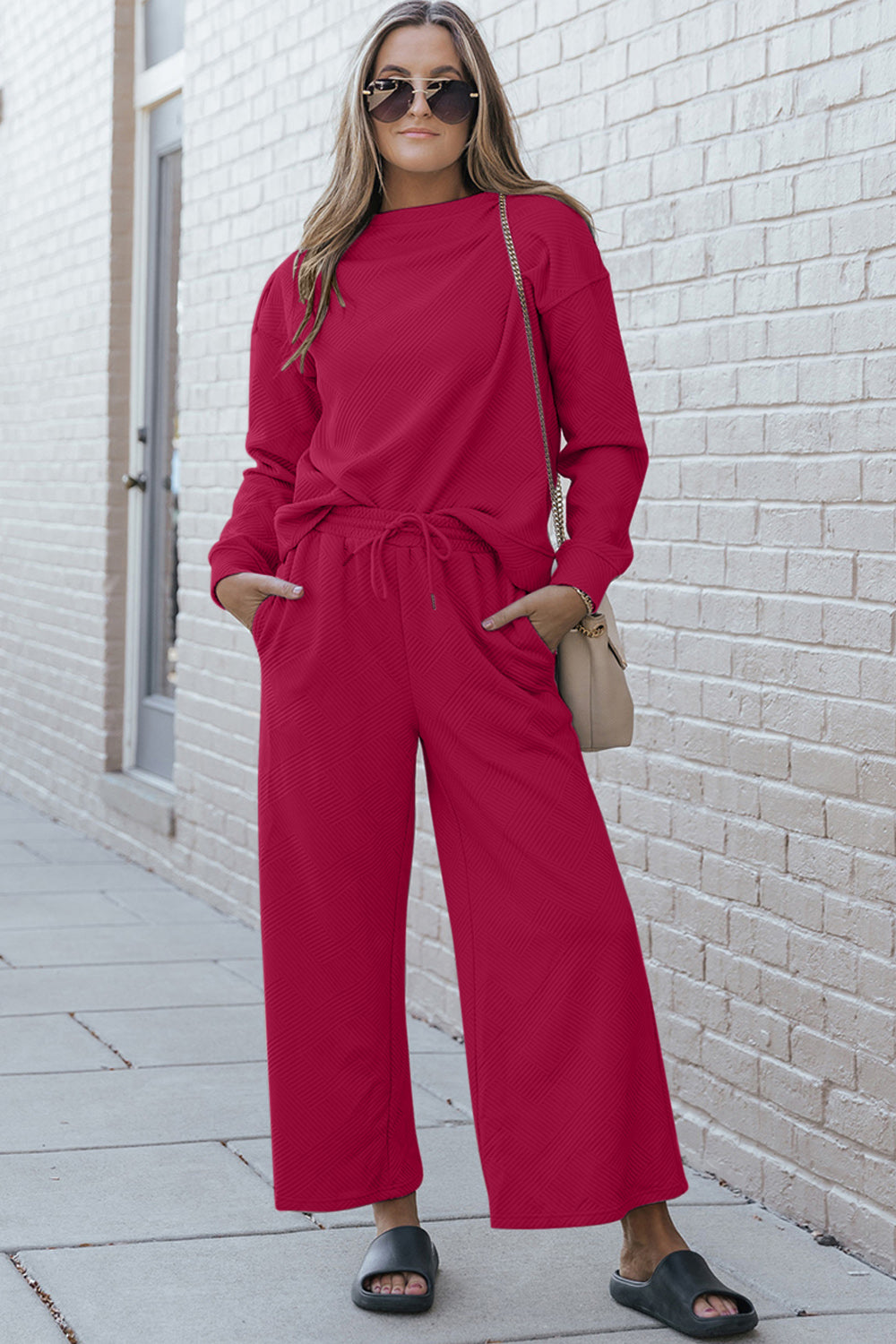 Double take full size textured long sleeve top and drawstring pants set - hot pink / s