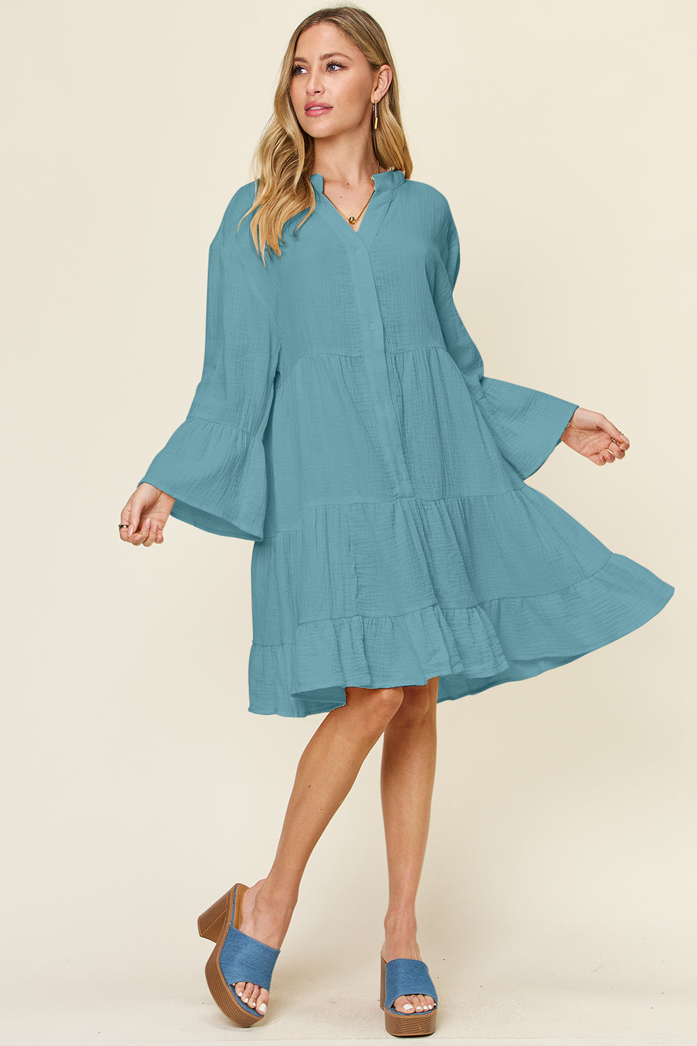 Double take full size texture button up ruffle hem dress