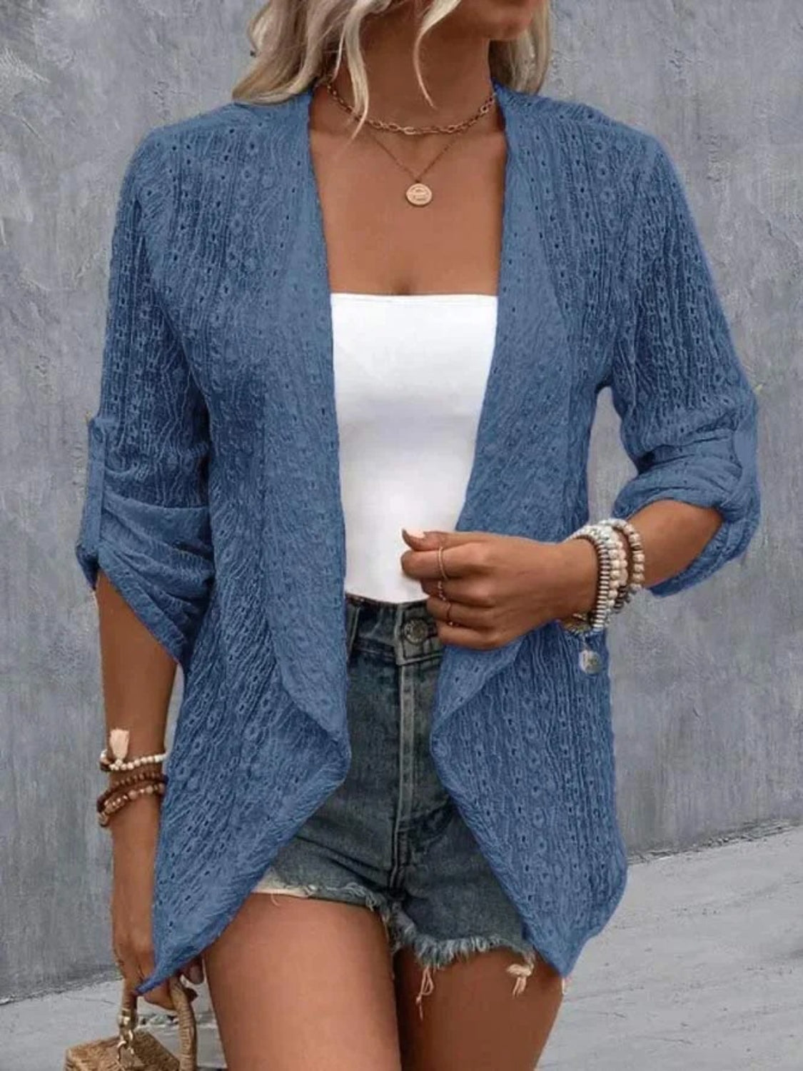 Eyelet roll-tab sleeve cardigan - dusty blue / s