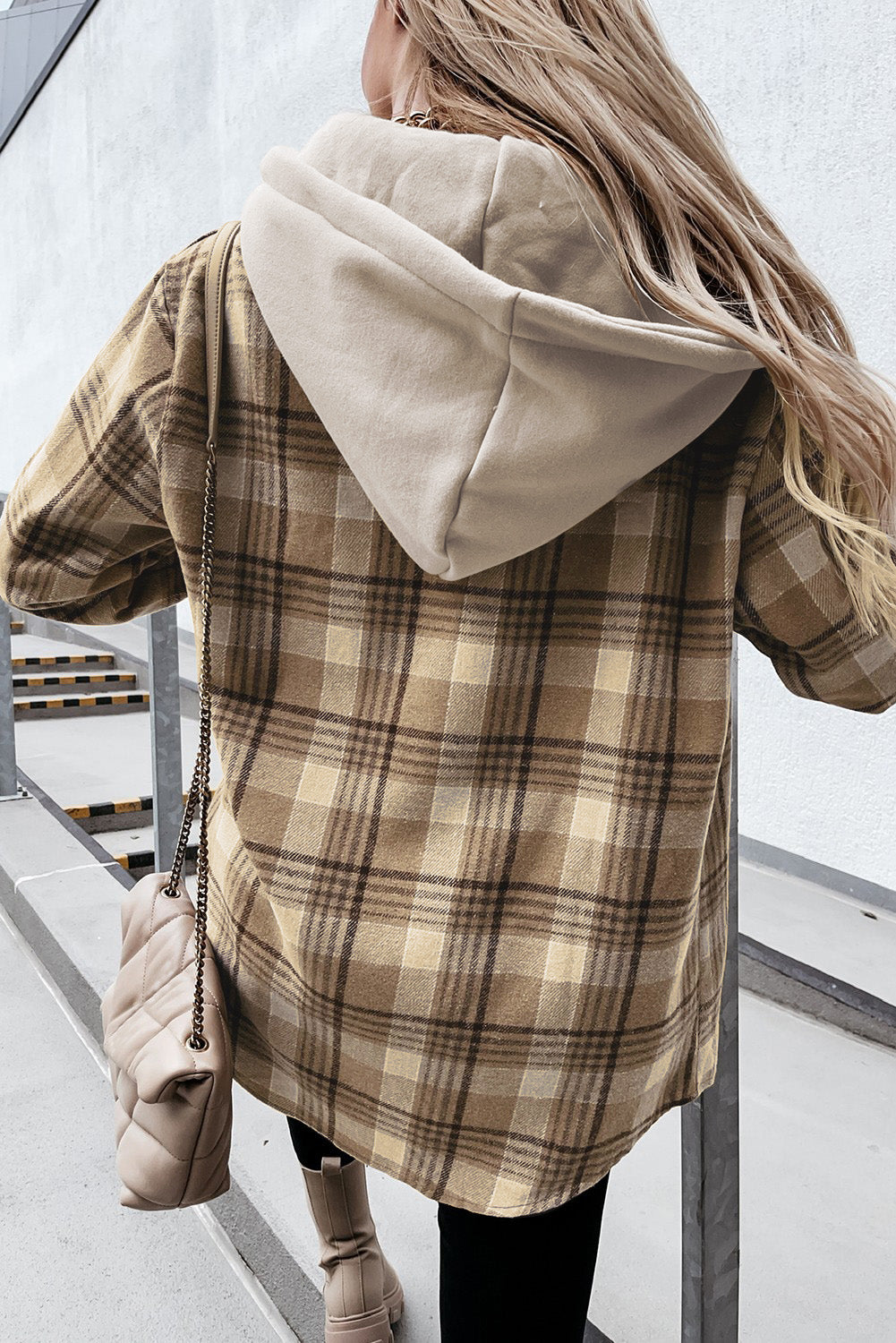 Plaid button up hooded jacket with pockets - light gray / s