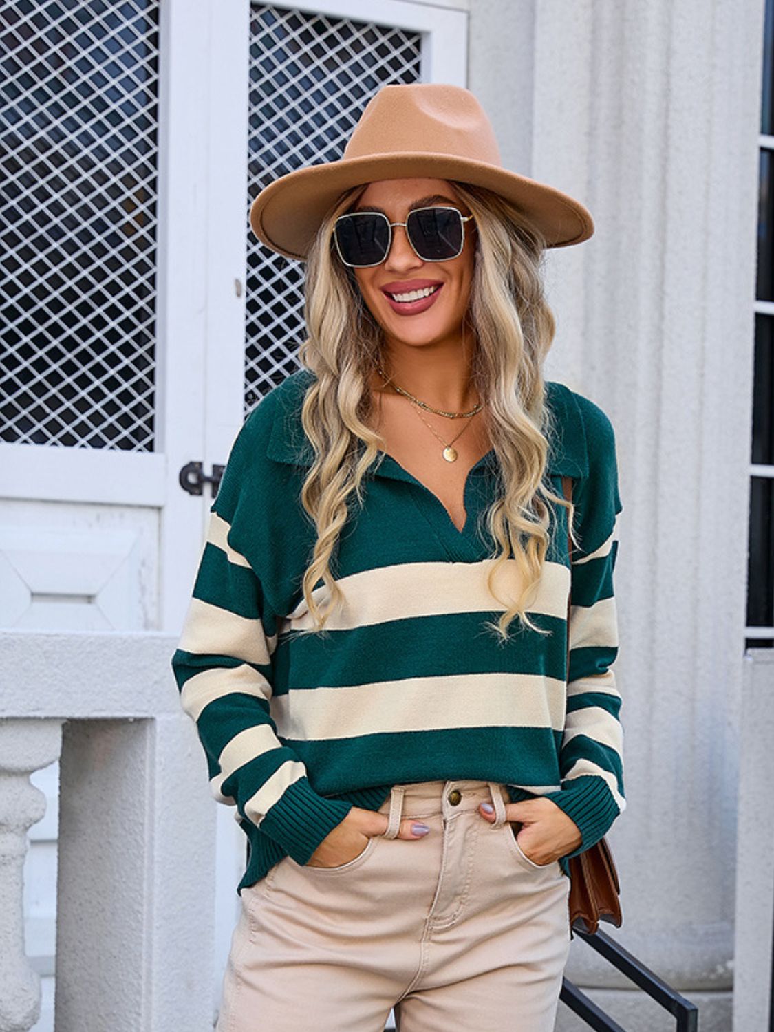 Striped johnny collar knit top