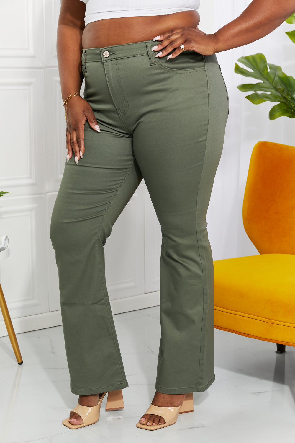 Zenana clementine full size high-rise bootcut jeans in olive