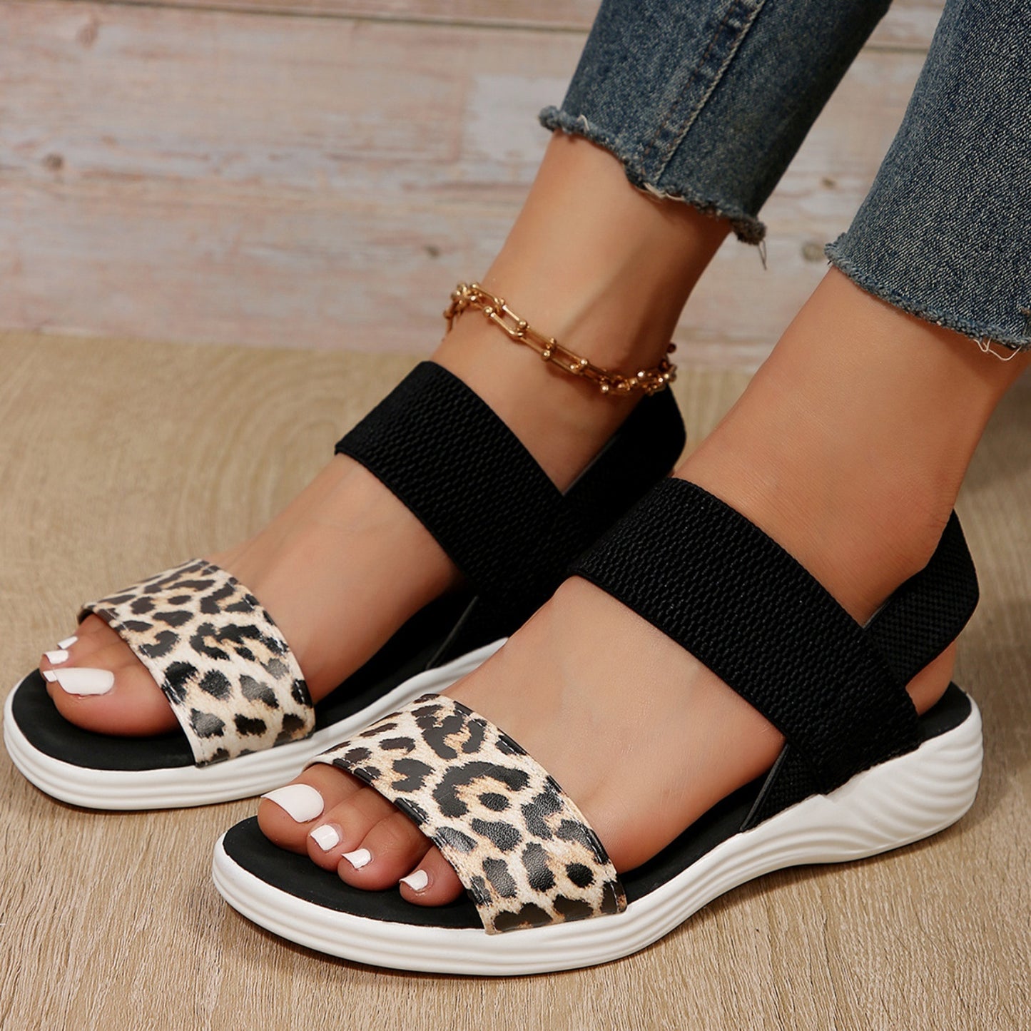 Pu leather open toe low heel sandals