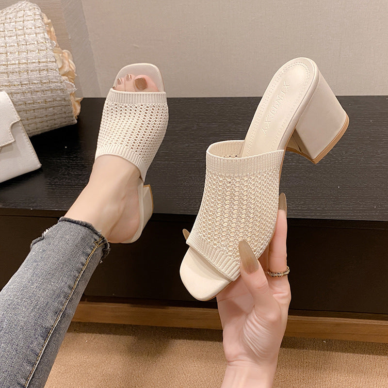 Block heel knit sandals - ivory / 35(us4)