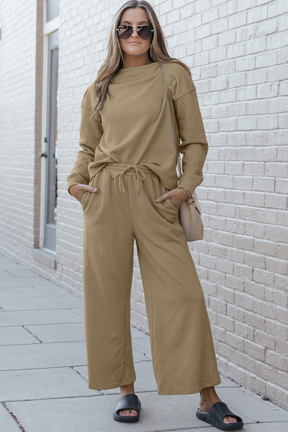 Double take full size textured long sleeve top and drawstring pants set - khaki / s