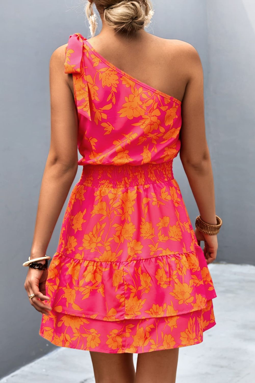 Tied smocked printed single shoulder dress