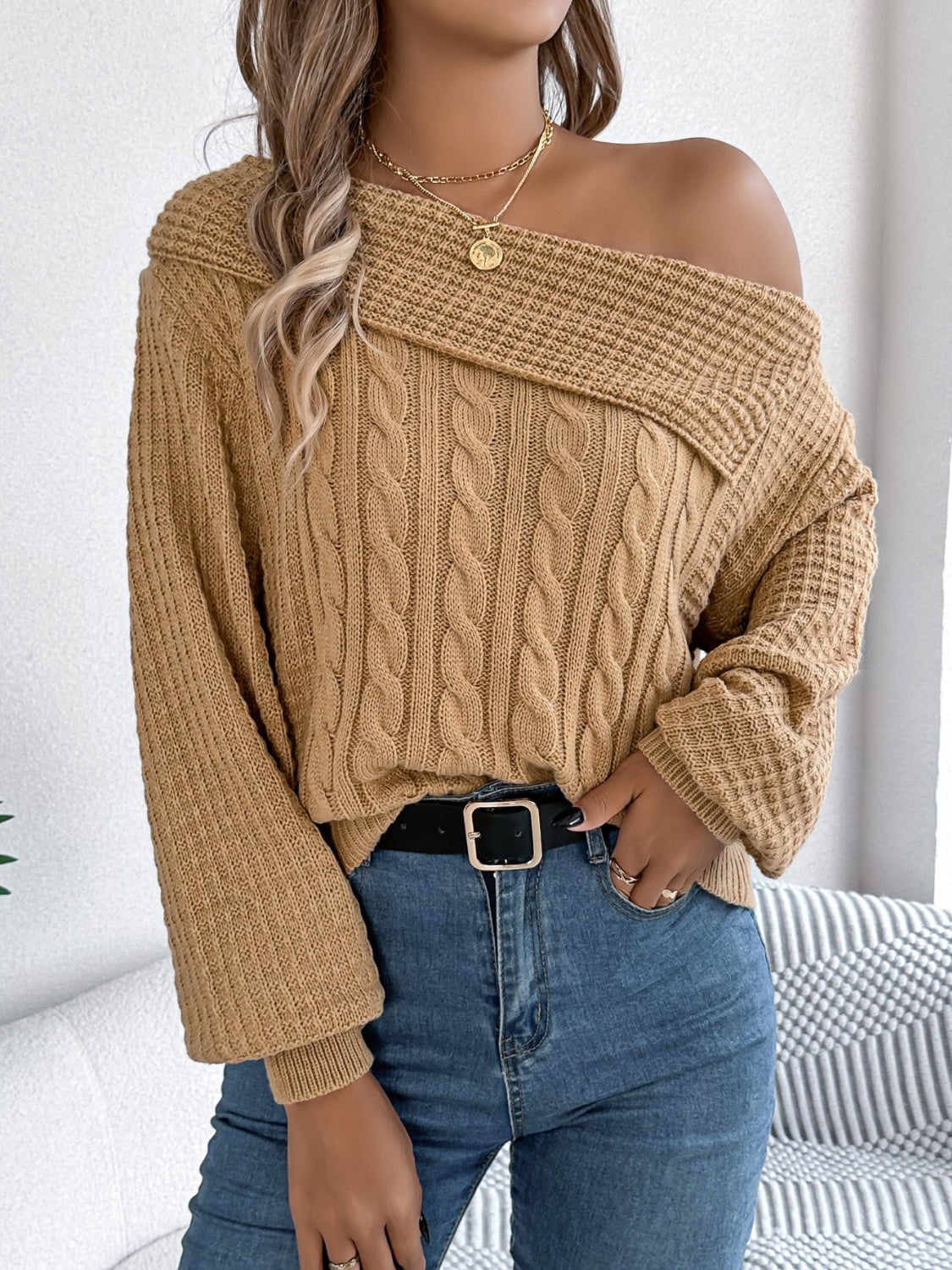 Cable-knit one shoulder long sleeve sweater